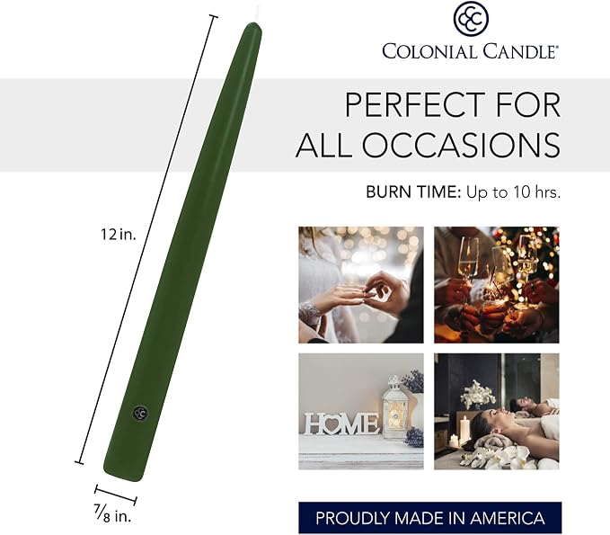 Colonial Candle Unscented Taper Candle, Handipt Collection, Evergreen, 12 in, Pack of 12 - Up to 10 Hours Burn