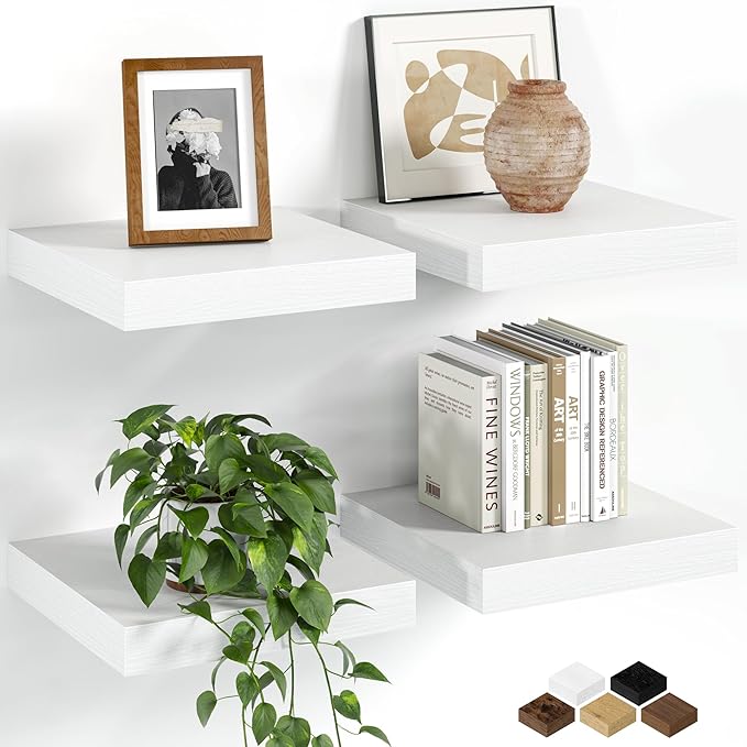 Fun Memories Floating Shelves for Wall, 9.3 Inch Set of 4 Rustic Wood Wall Shelves with Invisible Brackets, Heavy Duty Storage Display for Bathroom Bedroom Living Room Kitchen, White