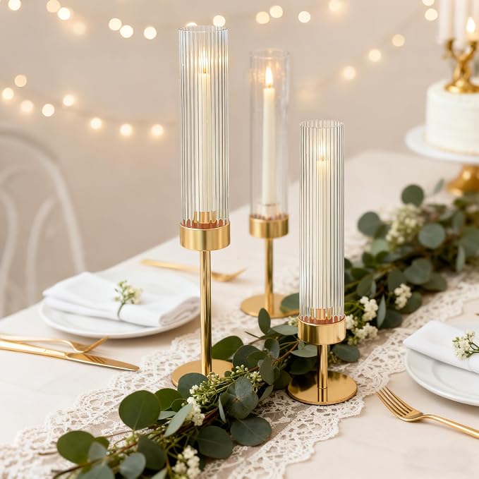 Metal & Acrylic Taper Candle Holders with Ribbed Design - Hurricane Clear Cylinder Candelabra for Wedding, Christmas, Party, Dining Table Centerpiece Decor (Gold, Set of 6)