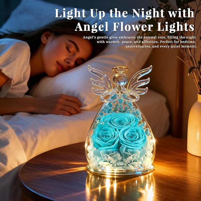 Beferr Mothers Day Mom Birthday Gifts for Women, Fresh Flowers for Delivery Forever Preserved Rose in Glass Angel Figurine, Anniversary Christian Real Rose for Grandma Nana Wife Mum from Daughter Son