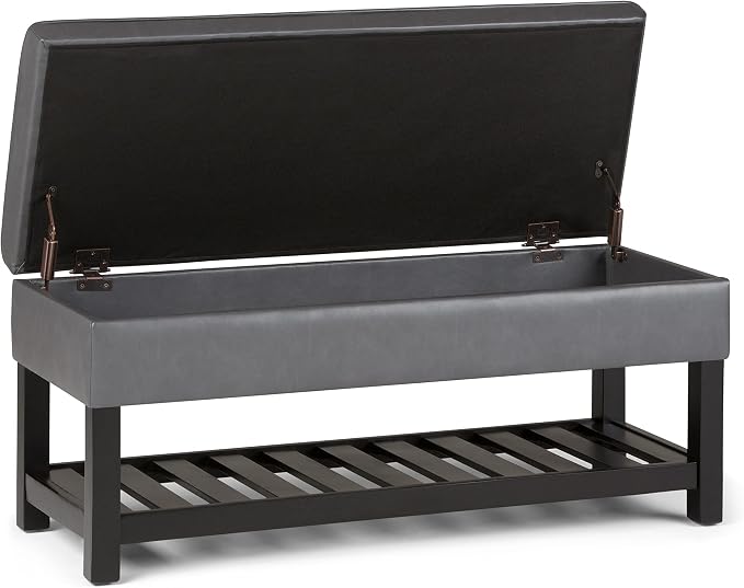 SIMPLIHOME Cosmopolitan Storage Ottoman Bench - 44 inch Wide Upholstered Vegan Leather Rectangle Storage Ottoman in Stone Grey, Transitional Bench for Bedroom with Tufted Lift-Top and Open Shelf