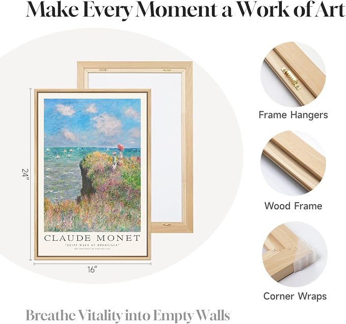 3 Piece Framed Monet Canvas Wall Art for Living Room, Large Impressionist Lake Landscape Prints Painting, Vintage Classic Picture Artwork Decor for Bedroom Dining Room 16x24 Inch