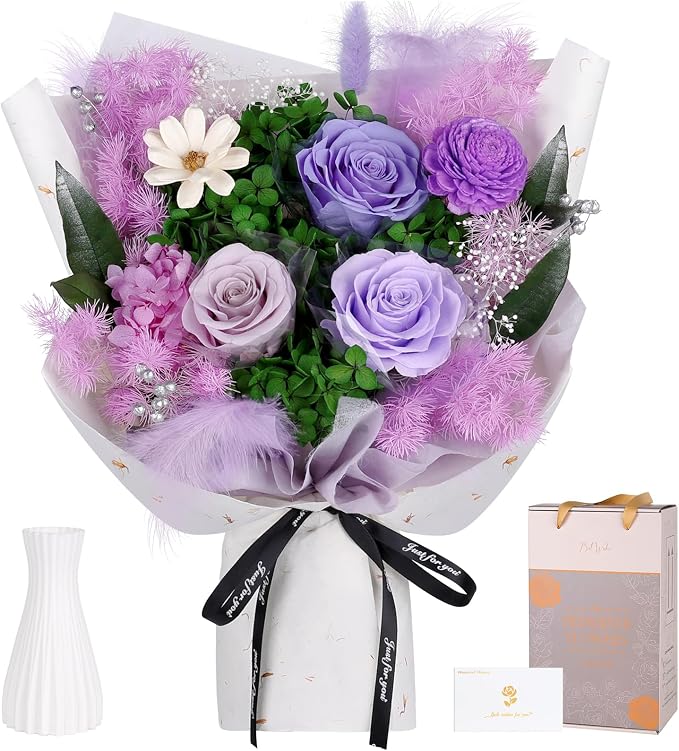 MAMAMIKO Preserved Flowers Bouquet - Forever Flowers for Delivery, Real Eternal Roses Bouquet, for Mom Grandma Wife, Anniversary Birthday Gifts for Women