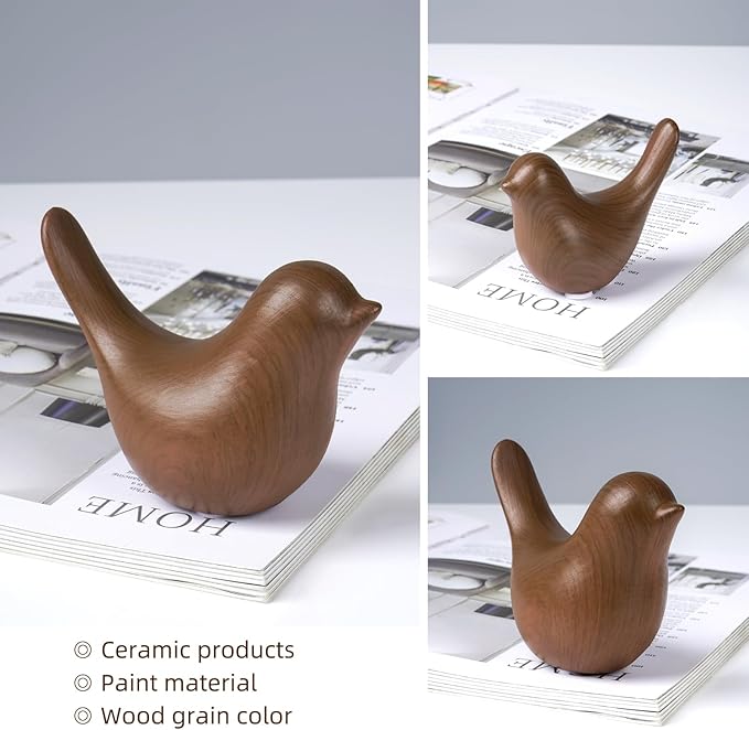 2 Pcs Ceramic Small Bird Figurines Modern Animal Statues for Home 、Room Decor and Bedroom Decor and Bookshelf Display (Dark Wood Grain)
