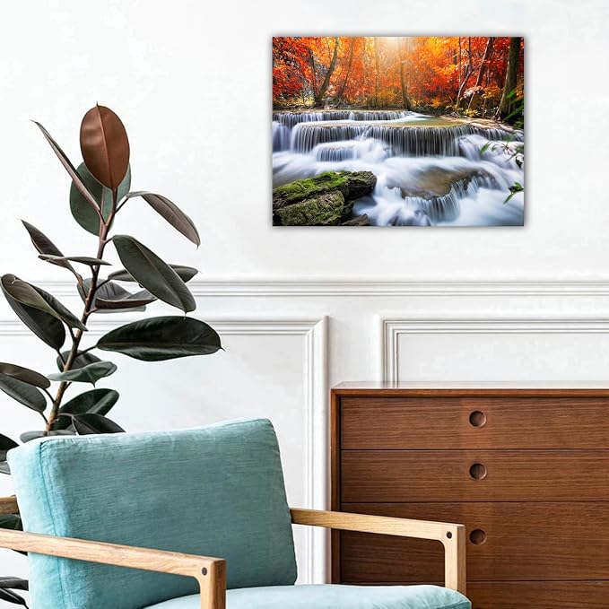 Fall Waterfall Canvas Wall Art Autumn National Park Scenery Picture for Living Room Mountain Maple Trees Prints Bedroom Wall Decor Nature Landscape Poster Modern Artwork Kitchen Home Decoration 12x16"