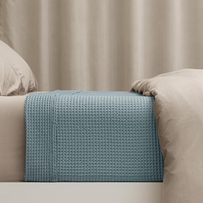 PHF Pre-Washed 100% Cotton Waffle Weave Blanket Twin Size for Bed,Snag Proof Throw Blanket for Couch Spring Summer Lightweight Breathable,Machine Washable, Home Decor Gift - Ocean