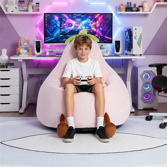 2.5FT Memory Foam Bean Bag Chair - Ultra Soft Faux Rabbit Fur Round Sofa with Handle & Machine Washable Cover, Comfy Lazy Chair for Kids Teens, Perfect for Reading Gaming in Living Room Bedroom，Pink