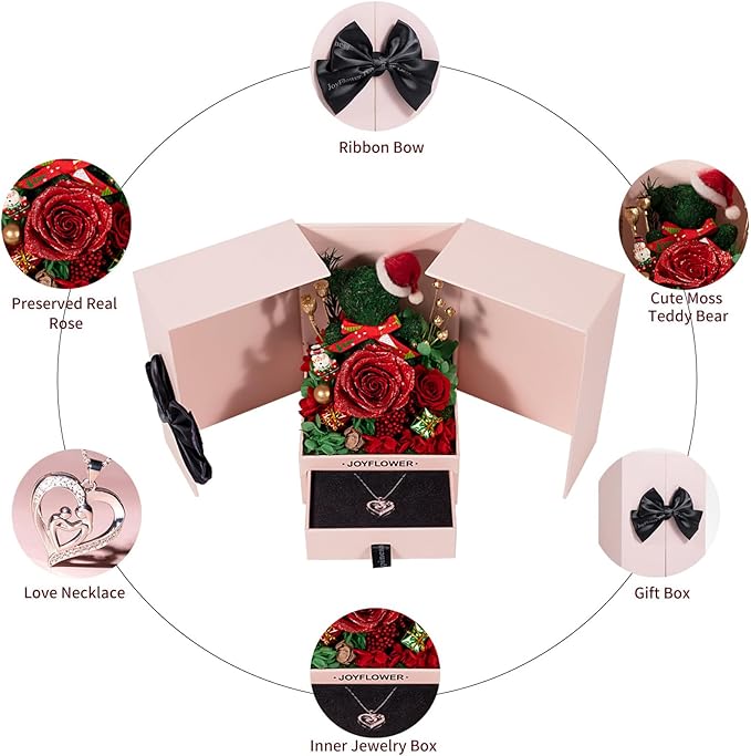 JoyFlower Preserved Rose Moss Bear with Necklace Christmas Roses Gifts Forever Flowers Red Rose Teddy Bear for Mom Women Girlfriend Wife Grandma Valentines Mothers Day Birthday Anniversary Wedding