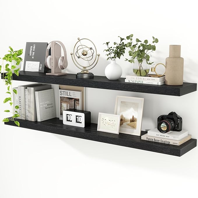 55 inch Floating Shelves for Wall, 9.3in Deep Black Shelves Wall Mounted Floating Shelf, Extra Long Wall Shelf for Living Room, Kitchen, Office, Floating TV Stand, 2 Packs