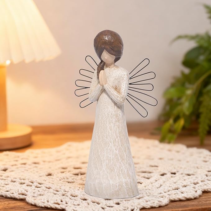 Hodao Praying Angel Figurine, 5.1in Hand-Painted Resin, Rustic Wood-Carved Look with Metal Wire Wings, Small Tabletop Decor for Home Indoor, Spiritual Figurines & Ornaments, Sympathy Gift