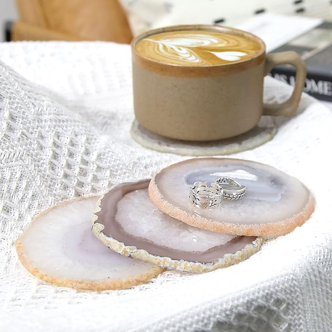 Natural Geode Agate Coaster for Drinks Set of 4 | Natural Stone Coasters 3.5-4", Decorative Gemstone Coasters for Coffee Table, Bar or Desk, Housewarming Gift for Friends