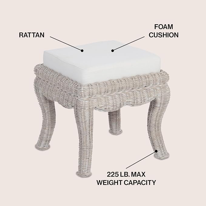 JONATHAN Y Rowan Woven Rattan Vanity Stool with White Cushion, 18.5" Coastal Backless Makeup Chair for Bedroom & Bathroom, Gray White Wash Mango Wood Wicker Ottoman Footrest VSL1000C