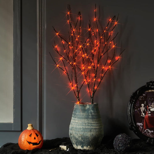 Fudios Halloween Lighted Branches with Timer 100 LED Orange Fairy Lights 32IN, Black Tree Branch Lights Battery Operated for Home Party Mantle Decoration