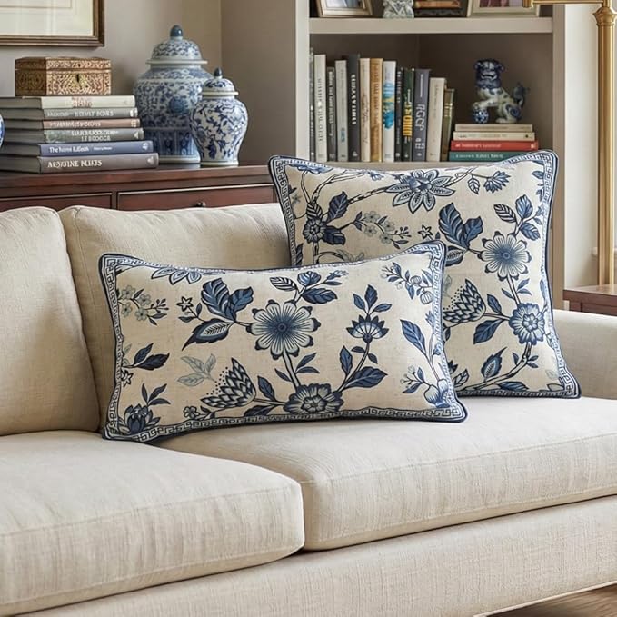 bilin gaier Designer Vintage Linen Throw Pillow Cover,20"x12"-Suqing A | Elegant Rectangular Pillow Cover,Concealed Zipper,Blue Floral Pattern,Sofas,Bedroom,Living Room,Lounge Chairs