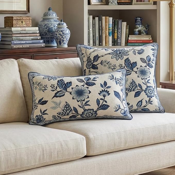 bilin gaier Designer Linen Throw Pillow Covers,20"x12" Set of 2-Suqing A | Vintage Elegant Rectangular Pillow Cover,Concealed Zipper,Blue Floral Pattern,Sofas,Bedroom,Living Room,Lounge Chairs
