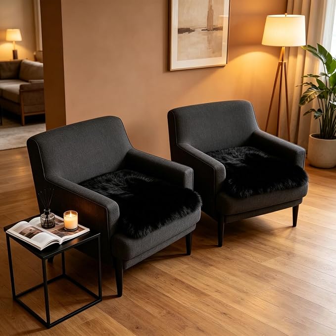 Luxury Soft 2Pack Square Fur Real Sheepskin Chair Pad 18"*18" Black | Natural Fluffy Sheepskin Chair Seat Pad Non-slip Design For Room Tables Chair Dining Chair Dressing Chair Car Seat