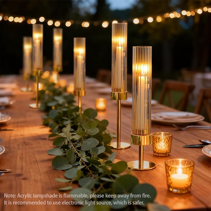 Metal & Acrylic Taper Candle Holders Set of 3 with Ribbed Design - Hurricane Clear Cylinder Candelabra for Wedding, Christmas, Party, Dining Table Centerpiece Decor (Gold, Set of 3)