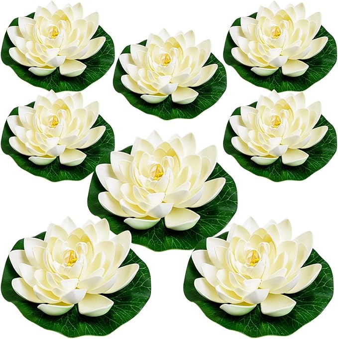 8Pcs Artificial Lotus Flower Decor, 7inch & 4inch Floating Foam Lotus Flowers, Outdoor Pond Plants, Water Lily Pads Decoration