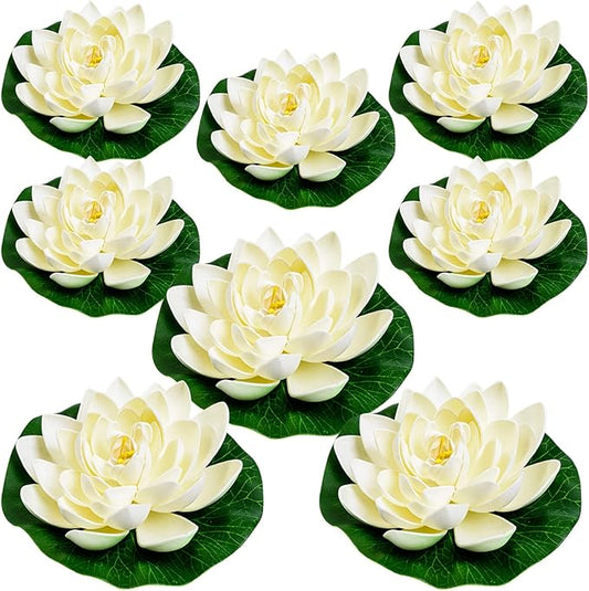8Pcs Artificial Lotus Flower Decor, 7inch & 4inch Floating Foam Lotus Flowers, Outdoor Pond Plants, Water Lily Pads Decoration
