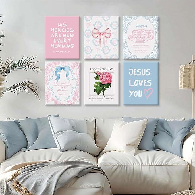 Christian Wall Art Decor Bible Verses Poster Girl Preppy Canvas Room Decor Pink Blue Scripture Wall Art Coquette Floral Bow Aesthetic Prints Trendy Artwork for Girl Bedroom 12x16x6 Inch Wrapped Canvas