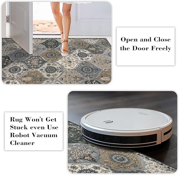 Lahome Moroccan Washable Round Rugs, Soft Vintage Round Rug 4ft, Distress Circle Carpet for Entryway Bathroom Bedroom, Non Slip Low Pile Stain Resistant Accent Rug Elise, Grey