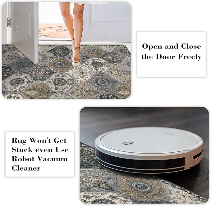 Lahome Moroccan Trellis Kitchen Runner Rug, 2x5 Washable Runners for Hallways Non Slip Soft Hallways Rug Ultra-Thin Vintage Long Carpet for Bedroom Bathroom Elise, Grey