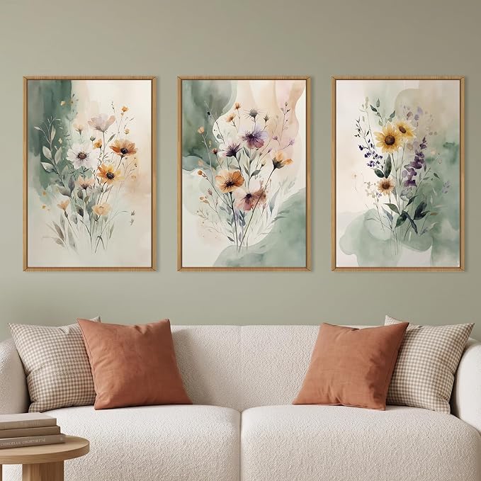 BICERE Large Vintage Wildflower Framed Canvas Wall Art,Rustic Watercolor Flowers Wall Decor,Boho Botanical Print,Retro Green Floral Artwork for Living Room,Bedroom,Dining Room -16"x24"x3