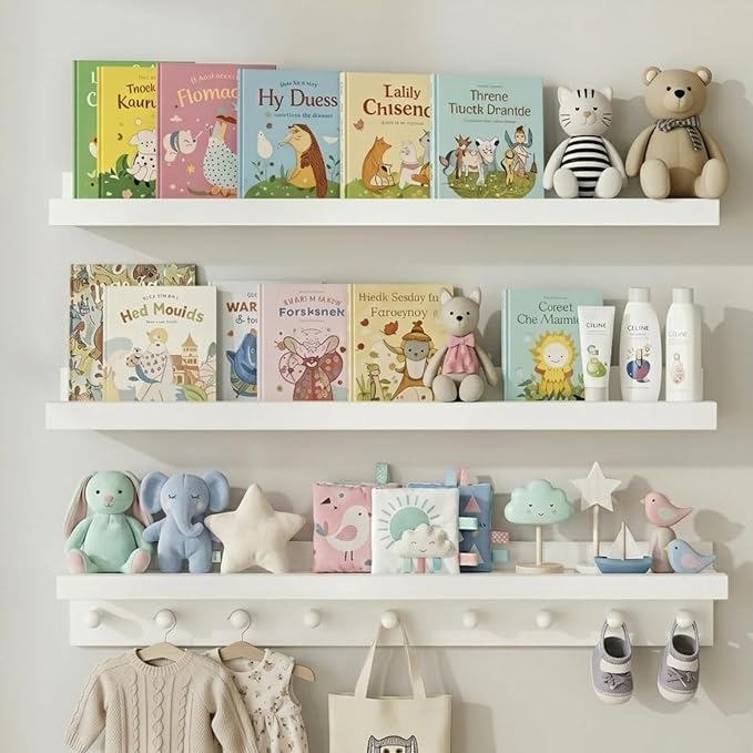 MBYD Solid Wood White Nursery Book Shelves for Kids Room, 36 Inch Wall Shelf with Hooks & Floating Shelf with Pegs, Picture Ledge to Organize Books, Baby Essentials, Declutter Space & Hang Clothes
