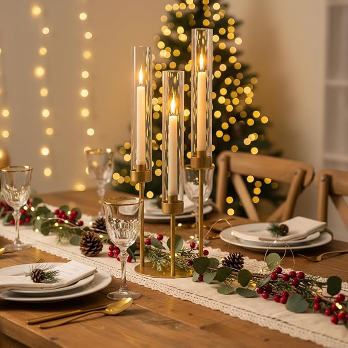 LETINE 3-Arm Gold Candelabra, Tall Candle Stick Holder 23.03",Candelabras with Glass Lampshade & Heavy Base - Ideal Candelabra Centerpieces for Indoor Outdoor Tables Wedding Party Decor (1 Pack)