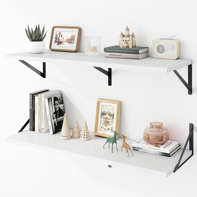 Acovy Deep Floating Shelves Wall Mounted, 36"x12" White Wall Shelves with Brackets Set of 2 for Bedroom, Living Room, Bathroom, Kitchen, Office - Storage & Display Shelf for Decor, Books, Plants