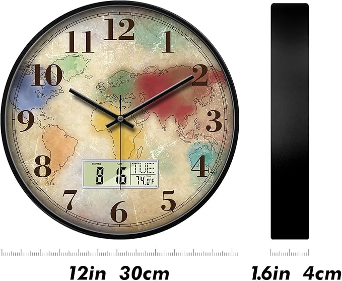 12 Inch Vintage Colorful World Map Wall Clock, Silent Non-Ticking Battery Operated Analog Clock with LCD Calendar & Temperature Display, Retro Modern Wall Clock for Home Office, Bar, Man Cave Decor