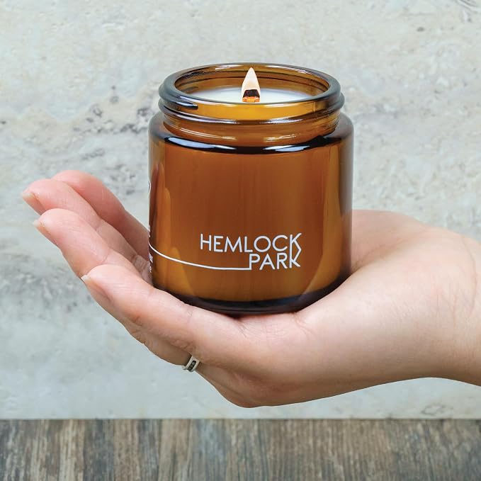Hemlock Park Teakwood Apothecary Scented Candle | Crackling Wood Wick, Botanical Fragrance & Coconut Apricot Wax | Up to 40 Hour Burn Time | 4 oz | Made in USA