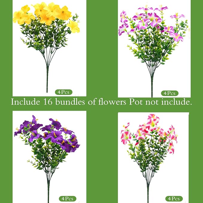 Artificial Flowers for Outdoors Fake Plants Outside, 16 Bundles Silk Morning Glory with Eucalyptus, UV Resistant Realistic Faux Flowers for Planters Porch Patio Garden Balcony Decor (4 Color)
