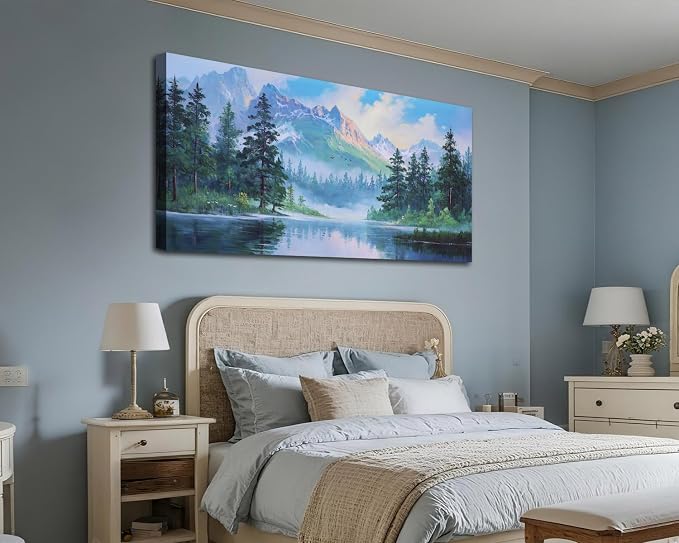 Acocifi Landscape Canvas Wall Art for Living Room 48"x24" Blue Painting | mountain lake forest nature scenery picture pine trees modern wall decor bedroom kitchen large artwork framed ready to hang