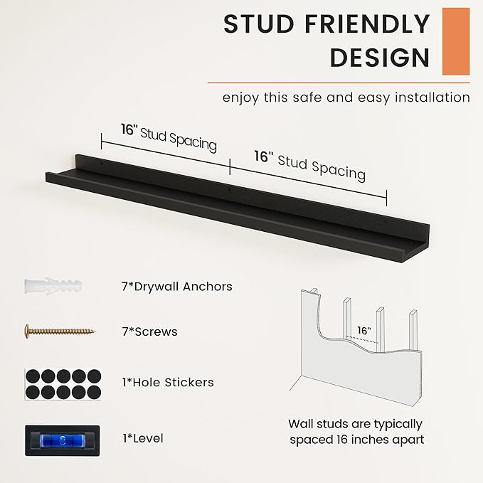 FLYJOE Picture Ledge Shelf, Floating Shelves Set of 2, 40 Inches Nursery Book Shelves for Toys Storage, Kids Bookshelf Wall Mounted for Living Room Bedroom Decor Books Photo Frames, Black
