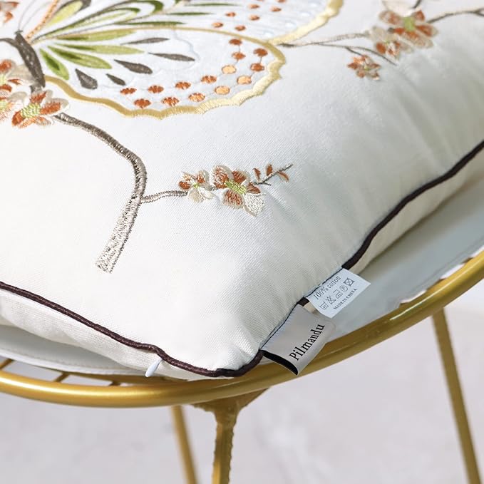 Set of 2 Embroidered Decorative Throw Pillow Covers Couch Square Pillowcases Cushion for Bedroom Sofa Farmhouse Decor 18x18 Inch (Brown Butterfly)