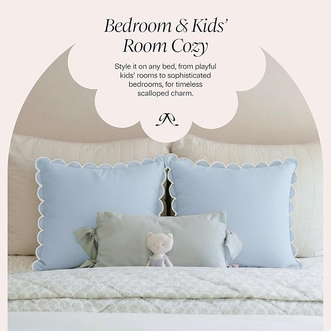 BEBE BASK Blue Scalloped Pillow Cover - Set of 2-18 x 18 Inch - Scallop Pillow Cover - Scalloped Pillows - Scallop Pillows - 100% Cotton - Grandmillennial Style (Sky Blue/White)