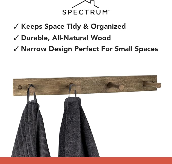 Spectrum Coat Rack Wall Mount 4 Peg Wooden Pegs Organizer for Hanging Coats Hats Bags Towels Jackets Purses, Easy Install Wall Mounted Peg Rack Hanger for Closet Entryway Bedroom Storage, Greige