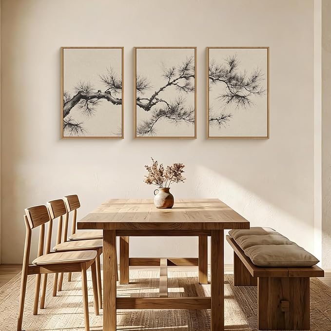 HPNIUB Vintage Beige Pine Tree Framed Canvas Wall Art Set 16''x24''x3 | Sketch Black Tree Branch Modern Minimalist Botanical Living Room Bedroom Office