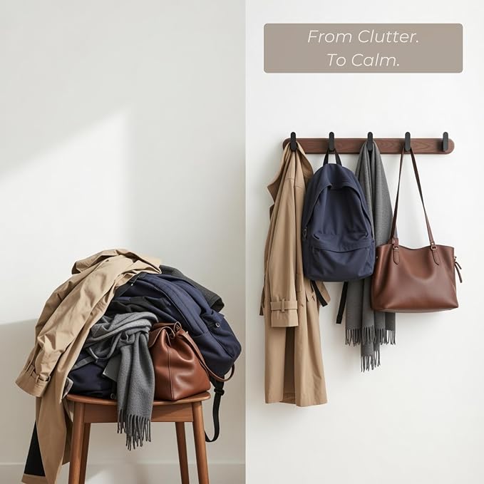 Jugen Coat Rack Wall Mount – Solid Black Walnut with 5 Heavy Duty Matte Black Hooks, Wooden Wall Coat Rack for Entryway, Coats, Hats & Bags - 19.7in, No Drill Adhesive or Hidden Screw Mount