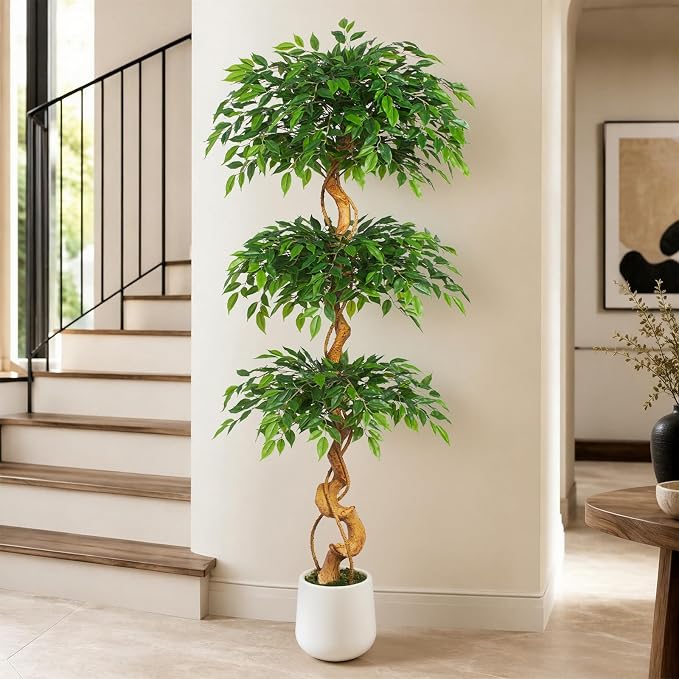 6FT Artificial Ficus Tree, 72in Fake Silk Tree with Natural Curved Trunk & 1860 Lush Leaves, Floor Faux Plant with White Pot, Low Maintenance Decor for Home, Office, Patio