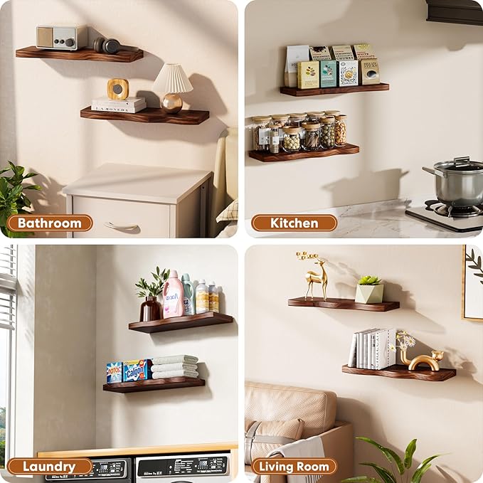 Floating Shelves for Wall, 24 inch Rustic Wooden Floating Shelves, Wall-Mounted Floating Bookshelf, Hanging Shelves with Unique Natural Grain for Living Room, Bedroom, Kitchen (Walnut Color)