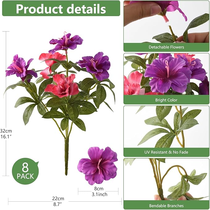Hommyea Artificial Fake Flowers for Outdoor, 8 Bundles Faux Plants Silk Flowers Spring Decoration UV Resistant No Fade Plastic Flowers for Outside Planters Home Porch Patio Yard Garden Decor