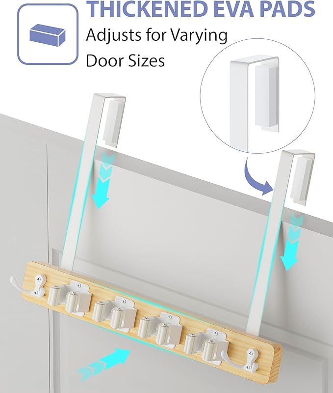 FANGSUN Broom Holder Door Mount Hanging, Over The Door Broom and Mop Organizer with 4 Slots and 4 Hooks, Wooden Tool Rack Storage Hanger for Laundry, Closet, Garage, No Drills