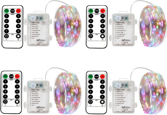 4 x Fairy Lights Battery Operated 8 Lighting Modes,50LEDs,16.4Ft/5 Meters Silver Wire String Lights,Timer Function,and Remote Control.for Christmas,Party,Wedding,Decorative Lighting