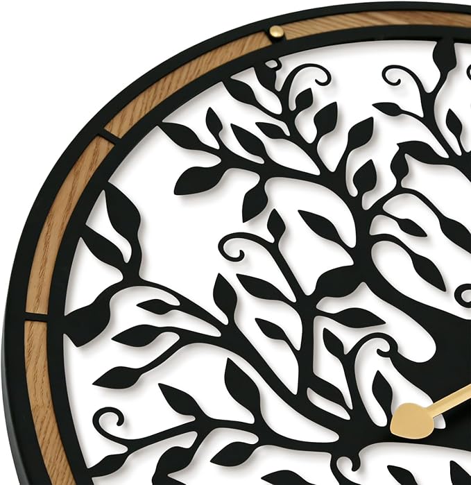 Micasso Farmhouse Large Wall Clock: 24 Inch Rustic Tree of Life Metal with Wood Frame - Battery Operated Wall Clocks for Living Room/Office/Bedroom - Home Decor for Fashion-Conscious