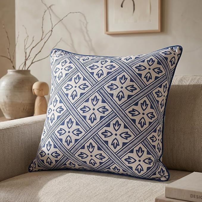 patdrea Designer French Linen Throw Pillow Cover,18"x18",Set of 2-Ivar C | Decorative Pillow Case,Chinoiserie Blue Floral Print Pillow Cover for Couch Living Room Bedroom Sofa