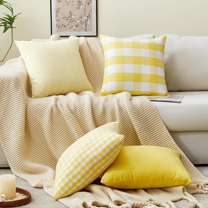 CARRIE HOME Yellow Farmhouse Plaid Outdoor Pillow Covers 18x18 Set of 4, Summer Decorative Accent Throw Pillow Covers 18 x 18, Neutral Yellow Pillows for Couch and Porch (No Pillow Inserts)