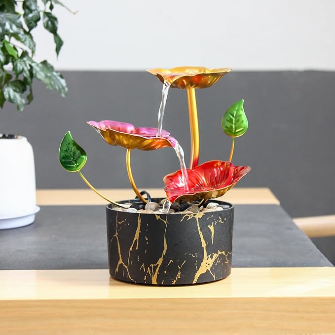 Desk Fountain Indoor Waterfall Fountain Flowers Themed 3-Tier Tabletop Fountain Home Decor Soothing Sound Machine(Galsang)