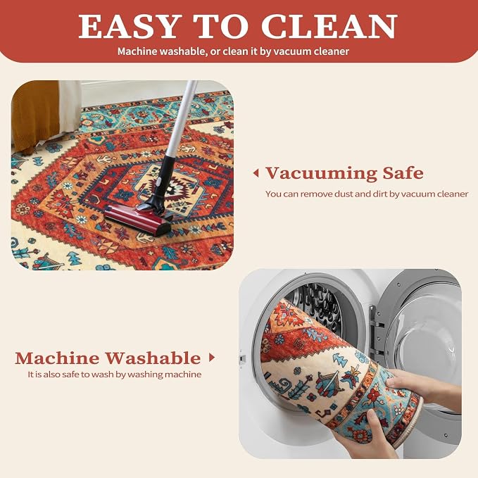 SERISSA 10x12 Area Rugs for Living Room, Large Washable Non-Slip Boho Rug, Ultra Soft Vintage Oriental Orange Print Distressed Carpet for Dining Room Bedroom Office Home Decor